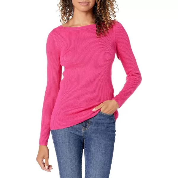 Amazon Essentials Womens Lightweight Ribbed LongSleeve Boat Neck SlimFit SweaterBright Pink