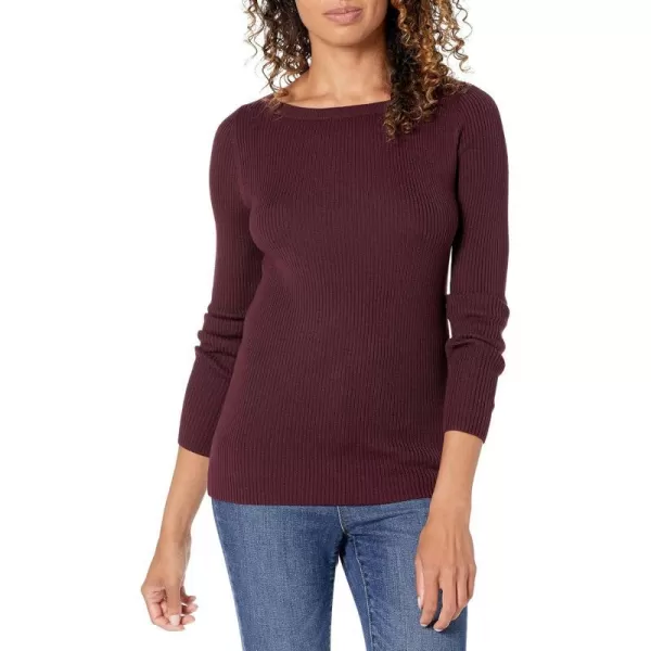 Amazon Essentials Womens Lightweight Ribbed LongSleeve Boat Neck SlimFit SweaterBurgundy