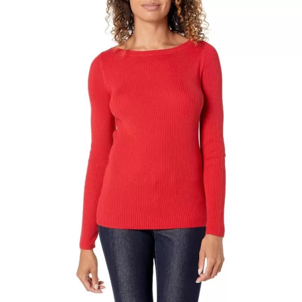 Amazon Essentials Womens Lightweight Ribbed LongSleeve Boat Neck SlimFit SweaterCherry Red