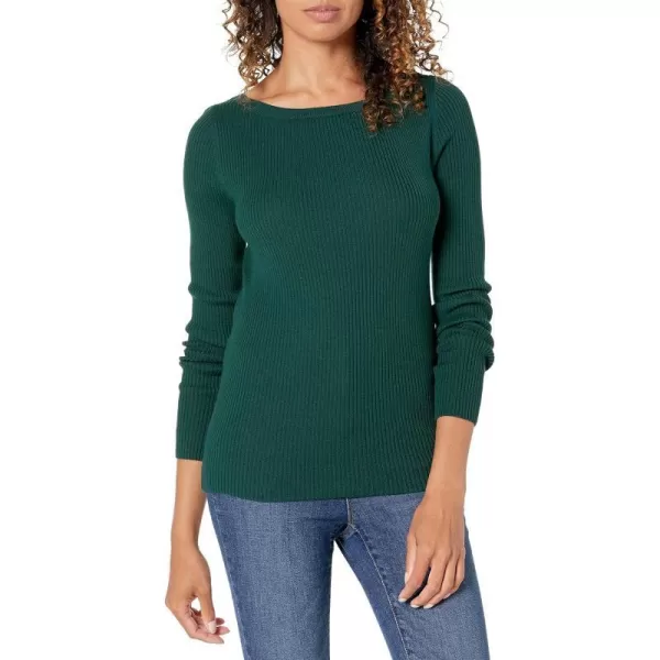 Amazon Essentials Womens Lightweight Ribbed LongSleeve Boat Neck SlimFit SweaterForest Green