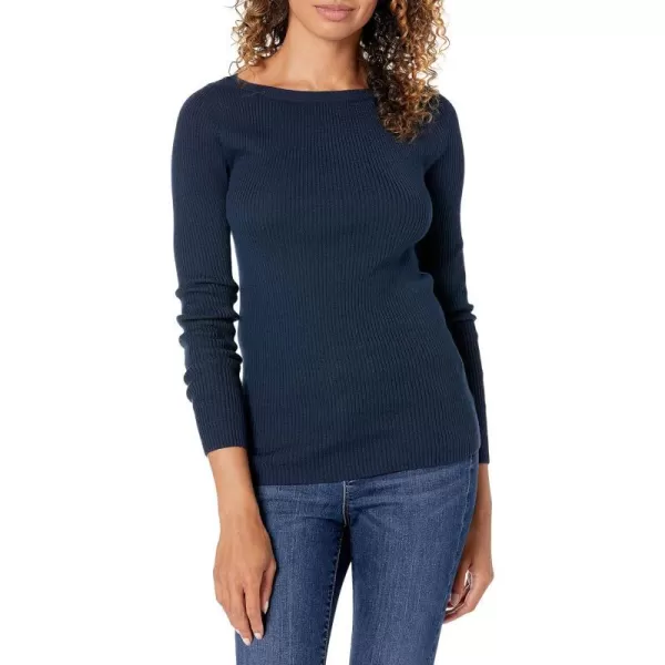 Amazon Essentials Womens Lightweight Ribbed LongSleeve Boat Neck SlimFit SweaterNavy