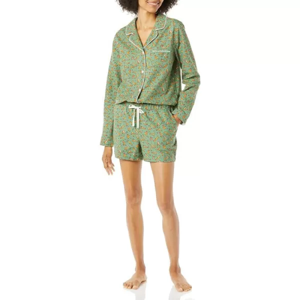 Amazon Essentials Womens Lightweight Woven Flannel Pajama Set with ShortsGreen Squirrel