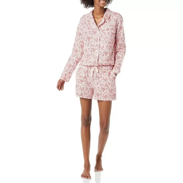 Amazon Essentials Womens Lightweight Woven Flannel Pajama Set with ShortsWhiteRed Forest