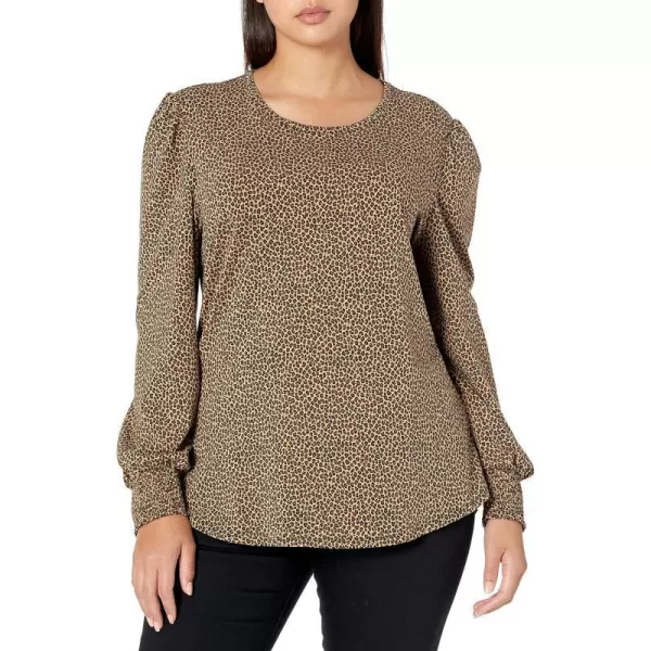 Amazon Essentials Womens LongSleeve Crewneck Smocked Cuff TShirtCamel Cheetah