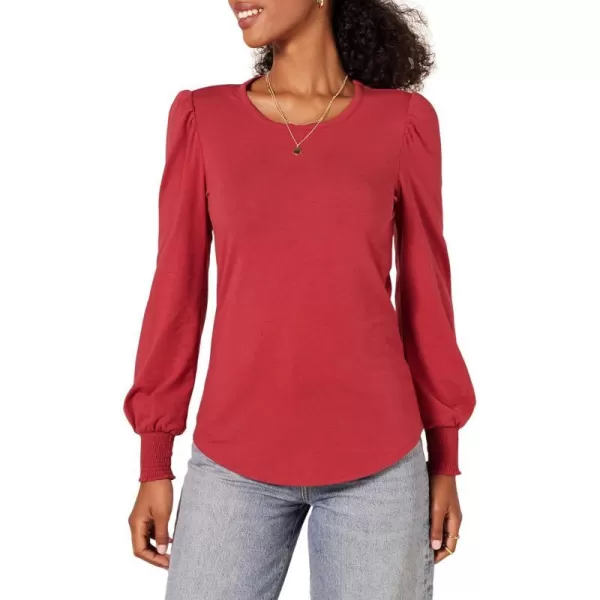 Amazon Essentials Womens LongSleeve Crewneck Smocked Cuff TShirtDark Red