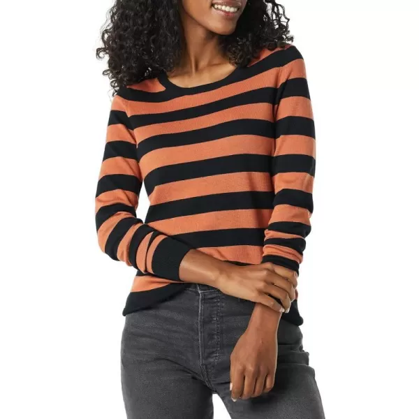 Amazon Essentials Womens LongSleeve Lightweight Crewneck Sweater Available in Plus SizeBlack Caramel Rugby Stripe