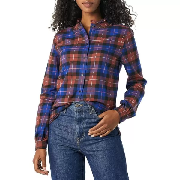 Amazon Essentials Womens LongSleeve Ruffle Detail Flannel ShirtBlue Rust Windowpane Plaid