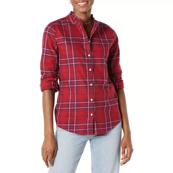 Amazon Essentials Womens LongSleeve Ruffle Detail Flannel ShirtRed Plaid