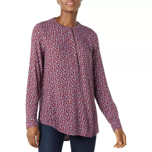 Amazon Essentials Womens LongSleeve Woven BlouseBurgundyBlue Daisy