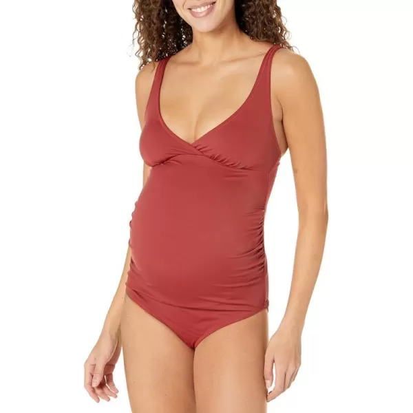 Amazon Essentials Womens Maternity VNeck SwimsuitBrick Red