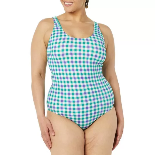 Amazon Essentials Womens OnePiece Coverage Swimsuit Available in Plus SizeBlue Green Gingham