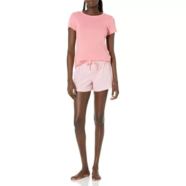 Amazon Essentials Womens Poplin Short and Sleep Tee SetCoral Pink Gingham