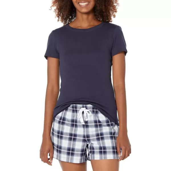 Amazon Essentials Womens Poplin Short and Sleep Tee SetNavy Plaid