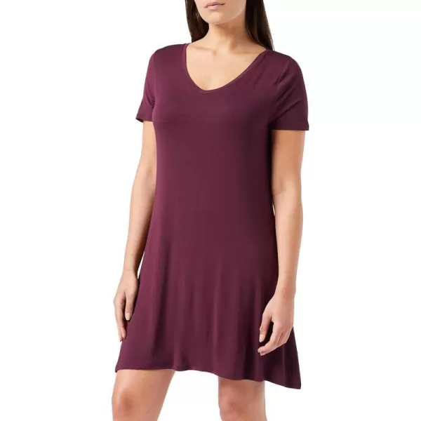 Amazon Essentials Womens Regular ShortSleeve vNeck Swing DressRayon Blend Burgundy