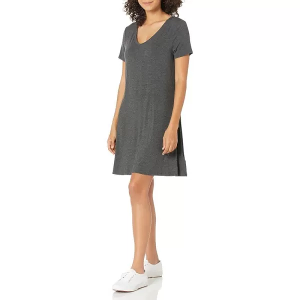 Amazon Essentials Womens Regular ShortSleeve vNeck Swing DressRayon Blend Charcoal Heather