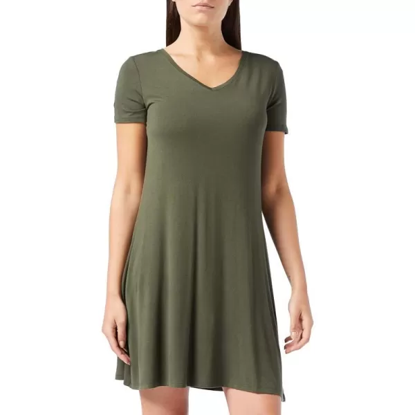 Amazon Essentials Womens Regular ShortSleeve vNeck Swing DressRayon Blend Dark Olive