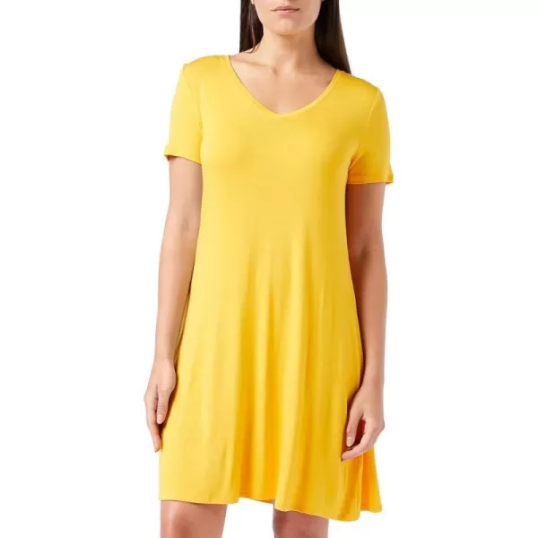 Amazon Essentials Womens Regular ShortSleeve vNeck Swing DressRayon Blend Golden Yellow