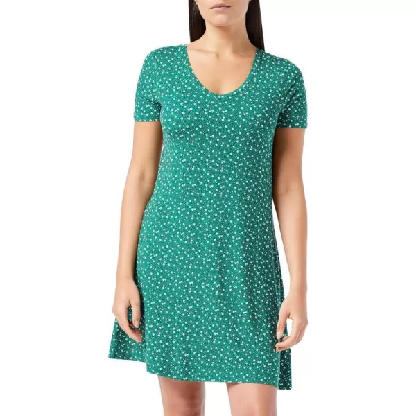 Amazon Essentials Womens Regular ShortSleeve vNeck Swing DressRayon Blend Green Leaf Print