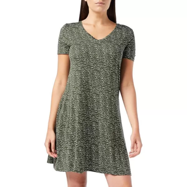 Amazon Essentials Womens Regular ShortSleeve vNeck Swing DressRayon Blend Olive Dots