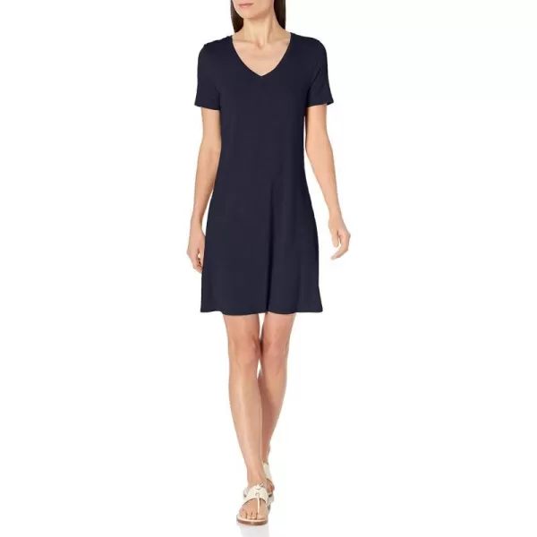 Amazon Essentials Womens Regular ShortSleeve vNeck Swing DressSustainably Sourced Rayon Blend Navy