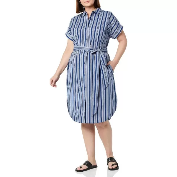 Amazon Essentials Womens Relaxed Fit Short Sleeve Button Front Belted Shirt DressGrey Navy Variegated Stripe