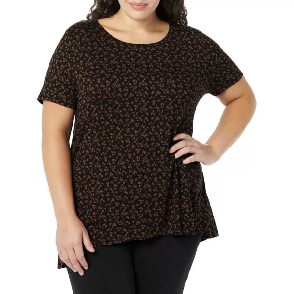 Amazon Essentials Womens RelaxedFit ShortSleeve Scoopneck Swing Tee Available in Plus SizeRayon Blend Black Ditsy Floral