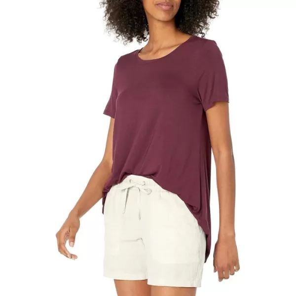 Amazon Essentials Womens RelaxedFit ShortSleeve Scoopneck Swing Tee Available in Plus SizeRayon Blend Burgundy