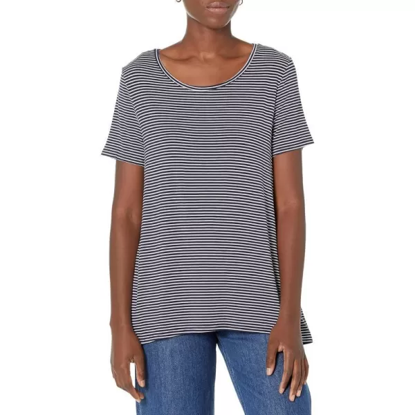 Amazon Essentials Womens RelaxedFit ShortSleeve Scoopneck Swing Tee Available in Plus SizeRayon Blend Navy White Stripe