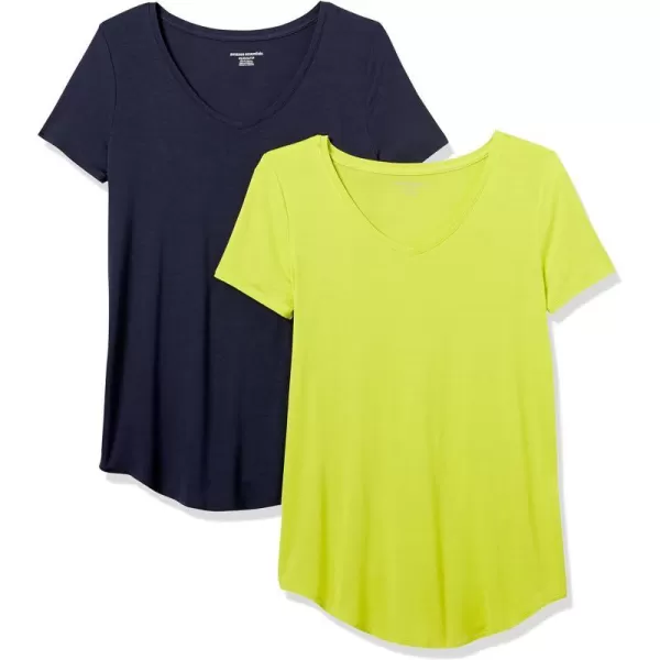 Amazon Essentials Womens RelaxedFit ShortSleeve VNeck Tunic Available in Plus Size MultipacksRayon Blend NavyLime Green