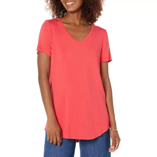 Amazon Essentials Womens RelaxedFit ShortSleeve VNeck Tunic Available in Plus Size MultipacksRayon Blend Red