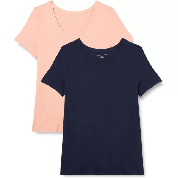 Amazon Essentials Womens RelaxedFit ShortSleeve VNeck Tunic Available in Plus Size MultipacksRayon NavyCoral Pink