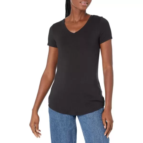 Amazon Essentials Womens RelaxedFit ShortSleeve VNeck Tunic Available in Plus Size MultipacksSustainably Sourced Rayon Blend Black