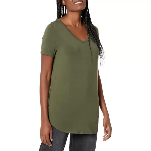 Amazon Essentials Womens RelaxedFit ShortSleeve VNeck Tunic Available in Plus Size MultipacksSustainably Sourced Rayon Blend Dark Olive