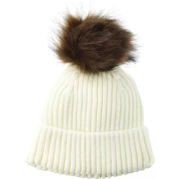 Amazon Essentials Womens Ribbed Beanie with Faux Fur PomWhite