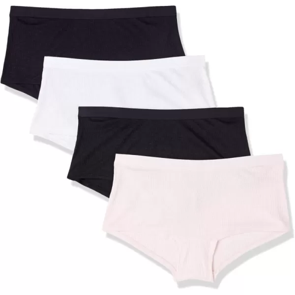 Amazon Essentials Womens Ribbed Boyshort Underwear Pack of 4BlackPale PinkBright White