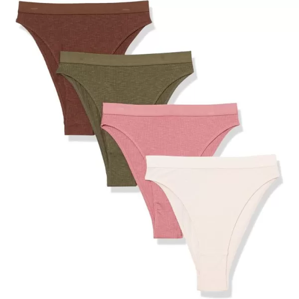 Amazon Essentials Womens Ribbed High Waist Tanga Brief Pack of 4BrownPale PinkGreen