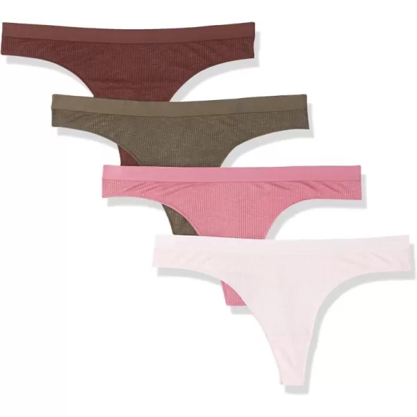 Amazon Essentials Womens Ribbed Thong Underwear Pack of 4BrownPale PinkGreen