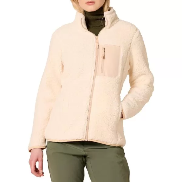 Amazon Essentials Womens Sherpa LongSleeve Mock Neck FullZip Jacket with Woven Trim Available in Plus SizeBeige Color Block