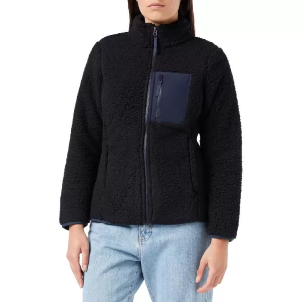 Amazon Essentials Womens Sherpa LongSleeve Mock Neck FullZip Jacket with Woven Trim Available in Plus SizeBlackNavy