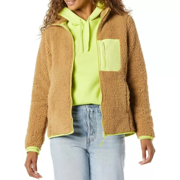 Amazon Essentials Womens Sherpa LongSleeve Mock Neck FullZip Jacket with Woven Trim Available in Plus SizeCamel Neon Yellow Color Block