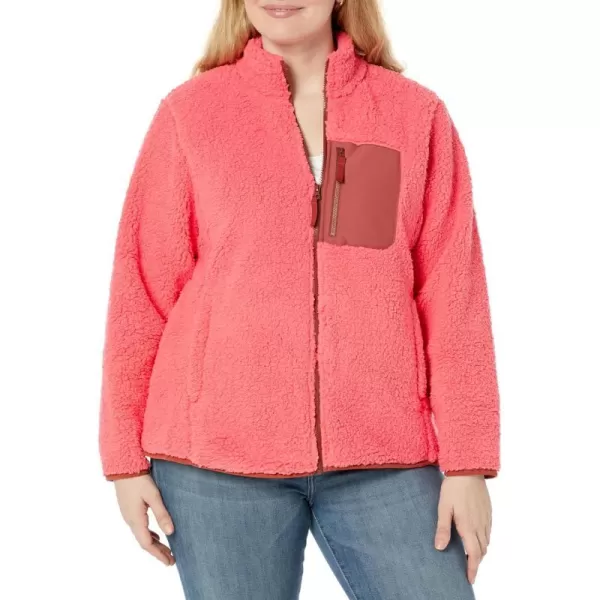 Amazon Essentials Womens Sherpa LongSleeve Mock Neck FullZip Jacket with Woven Trim Available in Plus SizeCoral PinkTobacco Brown