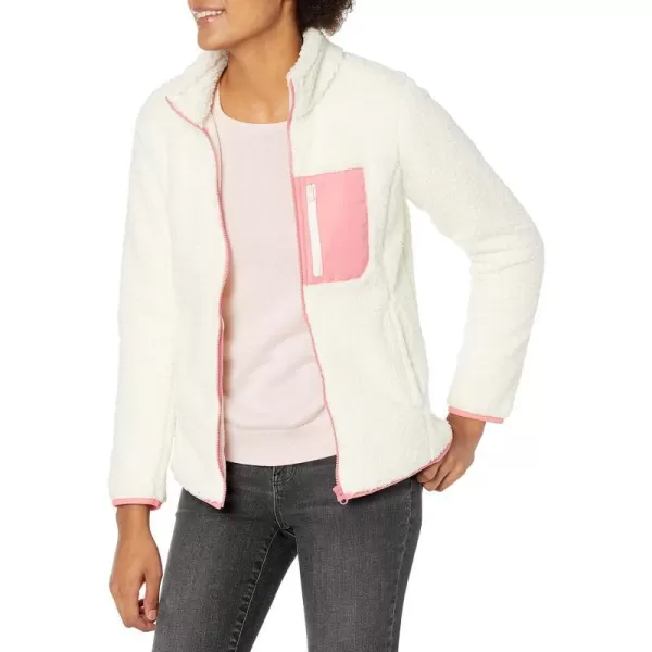 Amazon Essentials Womens Sherpa LongSleeve Mock Neck FullZip Jacket with Woven Trim Available in Plus SizeIvoryPink