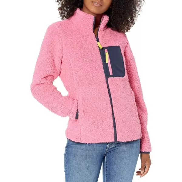 Amazon Essentials Womens Sherpa LongSleeve Mock Neck FullZip Jacket with Woven Trim Available in Plus SizePinkNavy