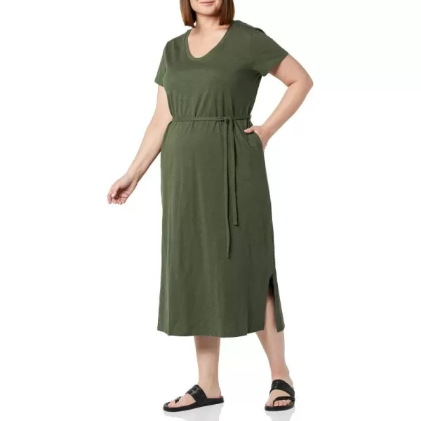 Amazon Essentials Womens Short Sleeve Belted Midi TShirt DressOlive