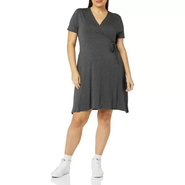 Amazon Essentials Womens Short Sleeve FauxWrap DressRayon Blend Charcoal Heather