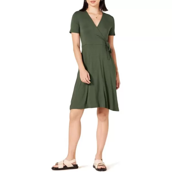 Amazon Essentials Womens Short Sleeve FauxWrap DressRayon Blend Dark Olive