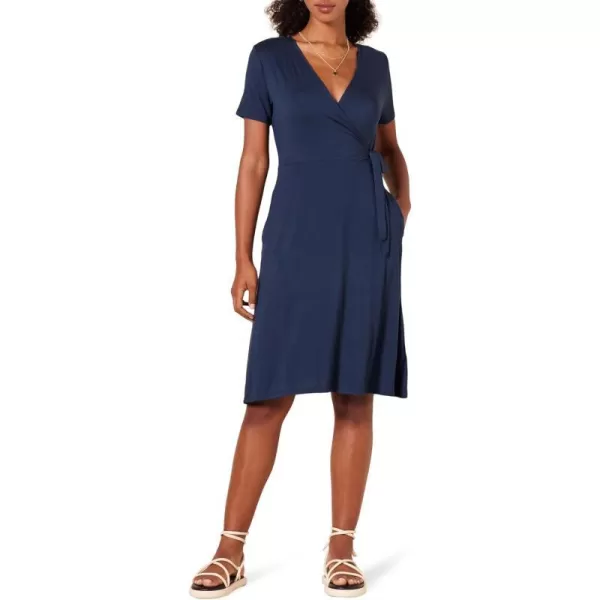 Amazon Essentials Womens Short Sleeve FauxWrap DressRayon Blend Navy