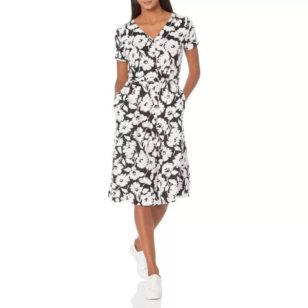 Amazon Essentials Womens ShortSleeve Midi Button Front Tie DressBlackWhite Abstract Floral