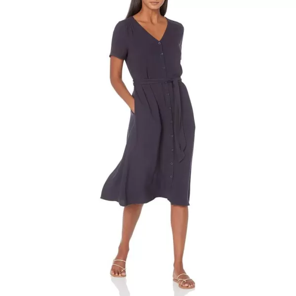 Amazon Essentials Womens ShortSleeve Midi Button Front Tie DressNavy