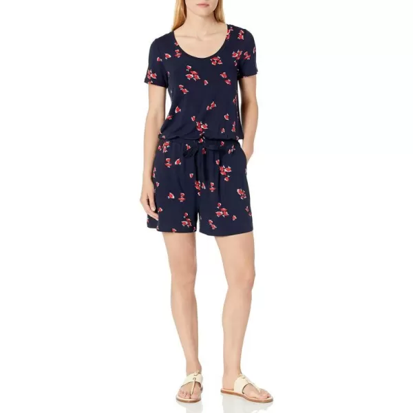 Amazon Essentials Womens ShortSleeve Scoop Neck RomperNavy Red Tulips